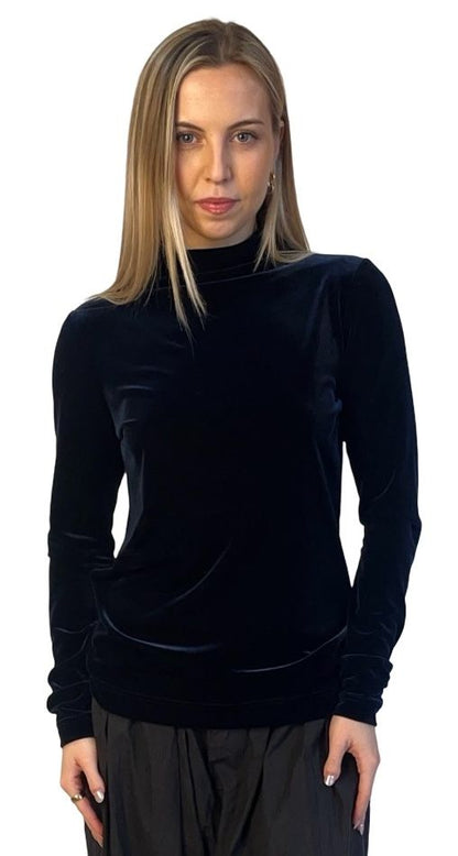 Carla Zampatti Navy Velvet Turtleneck Top. Size: S