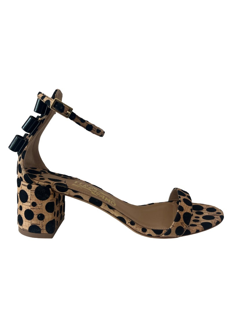Salvatore Ferragamo Black / Tan Polka Dot Cork Connie Block Heel. Size: 8