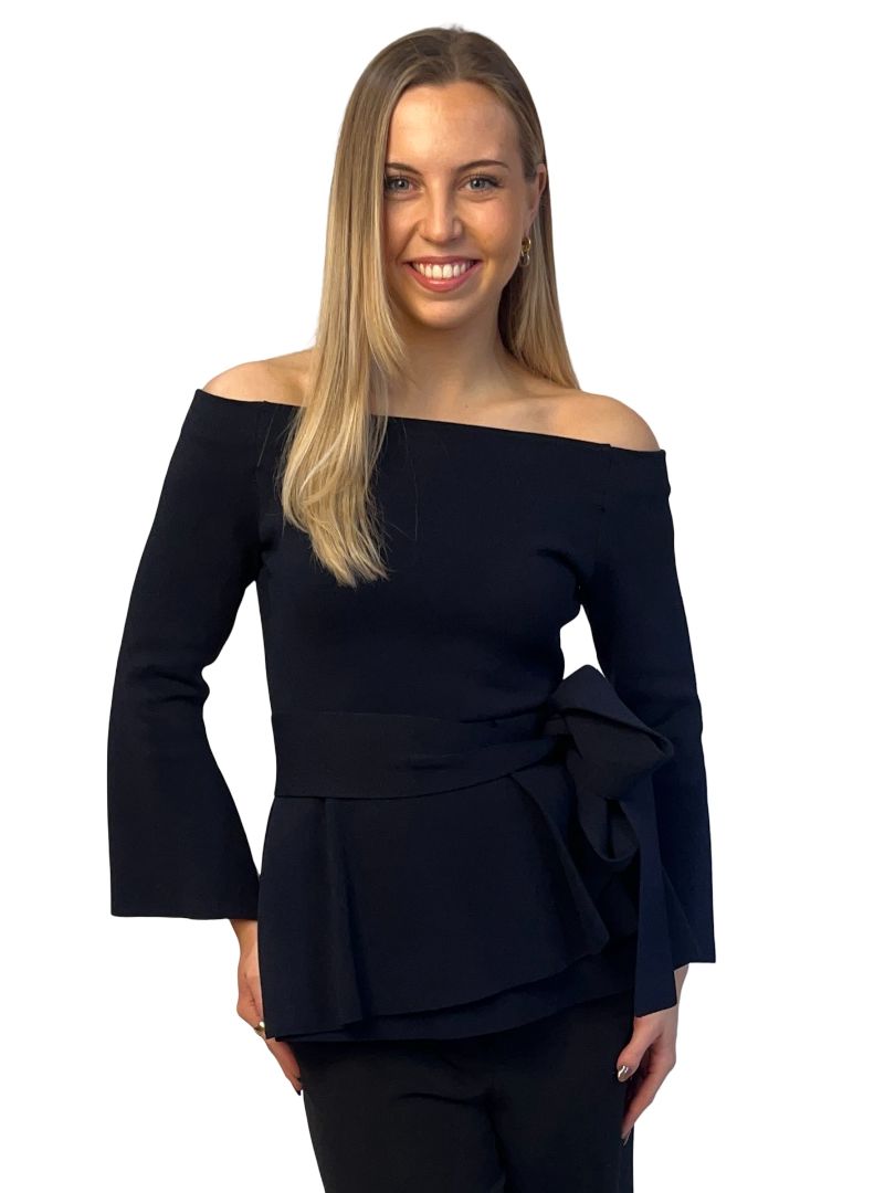 Scanlan Theodore Navy Crepe Knit Peplum Blouse. Size: M