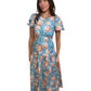 Kivari Blue Floral Short Puff Sleeve Long Dress Lace up Back. Size: 6