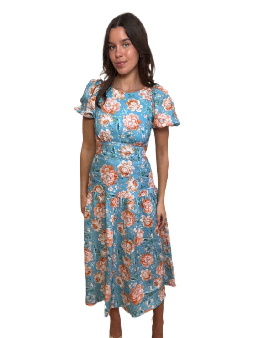 Kivari Blue Floral Short Puff Sleeve Long Dress Lace up Back. Size: 6