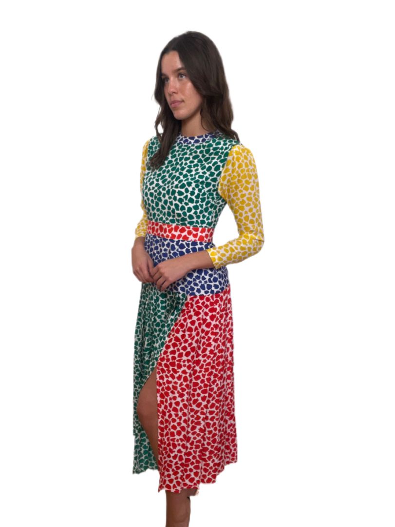 Rixo Green Yellow Red Blue Dress Long Dress Pleated 3/4 Sleeve Dress. Size: XS