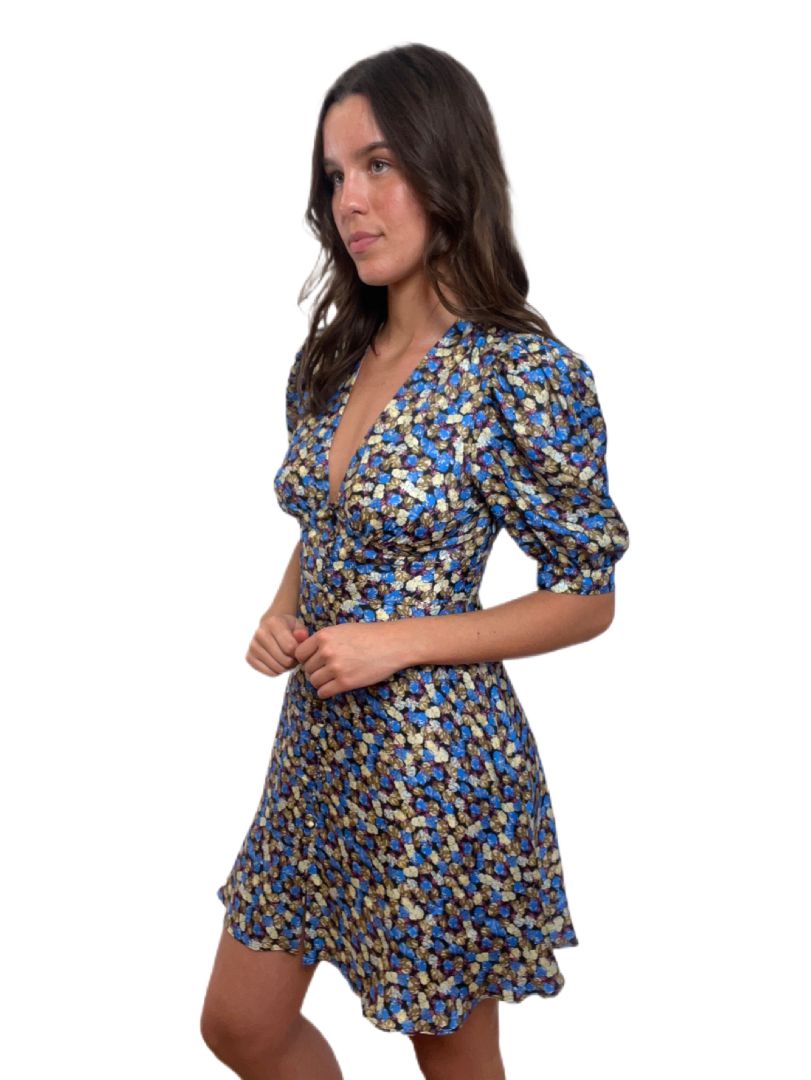 Sandro Blue Pattern 3/4  Sleeve Short V Neck Dress. Size: 1