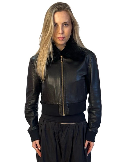 Scanlan Theodore Black 'Toscana' Leather Fur Collar Bomber. Size: 8