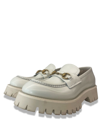 Gucci Cream Horsebit Chunky Loafers W Bee Embroidery. Size: 39