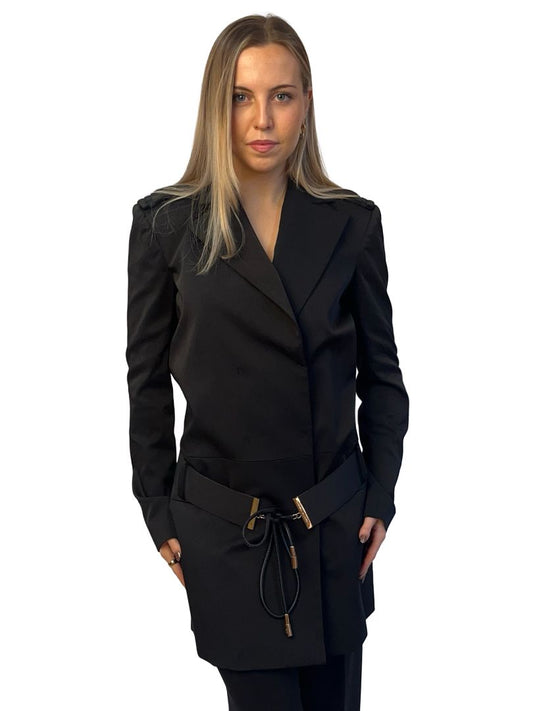 Elisabetta Franchi Celyn b. Black Double Breasted Drop Waist Coat. Size: 46