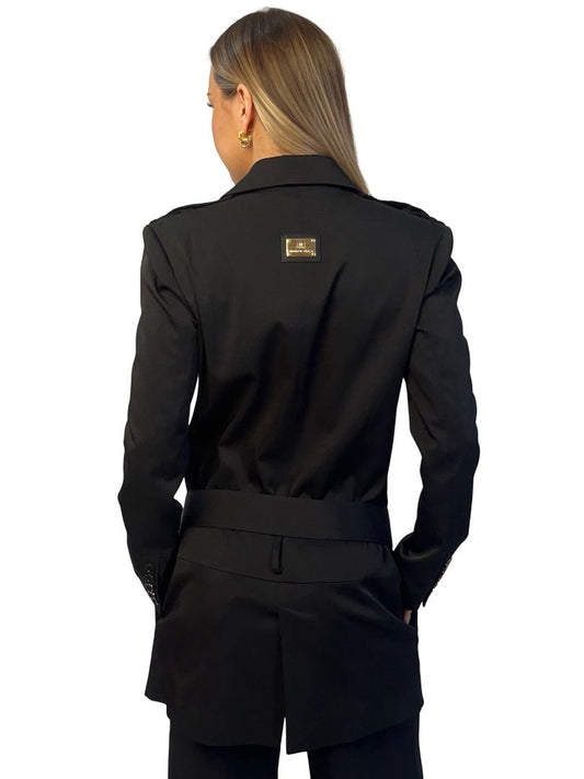 Elisabetta Franchi Celyn b. Black Double Breasted Drop Waist Coat. Size: 46
