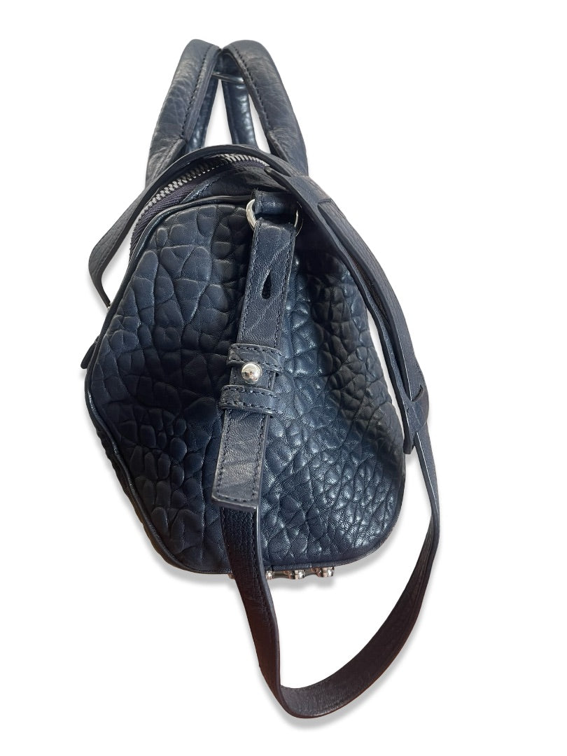 Alexander Wang Navy Grained Leather 'Rockie' Crossbody Bag W Studded Bottom.