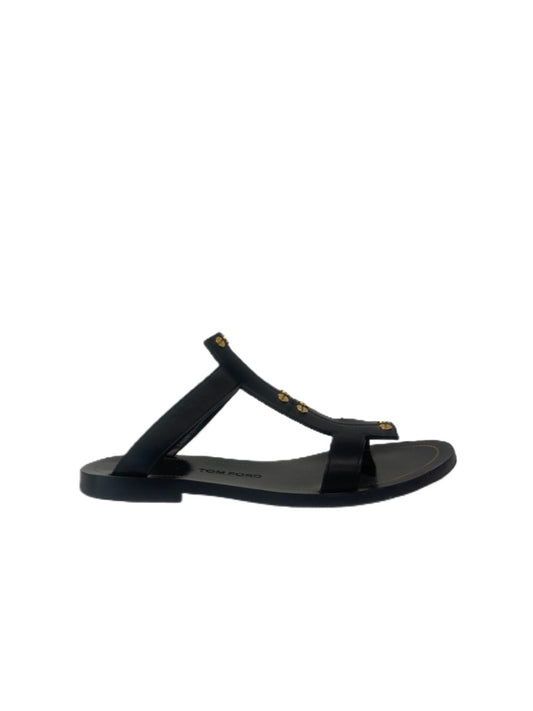 Tom Ford Black w Gold Flat Leather Sandal. Size: 37