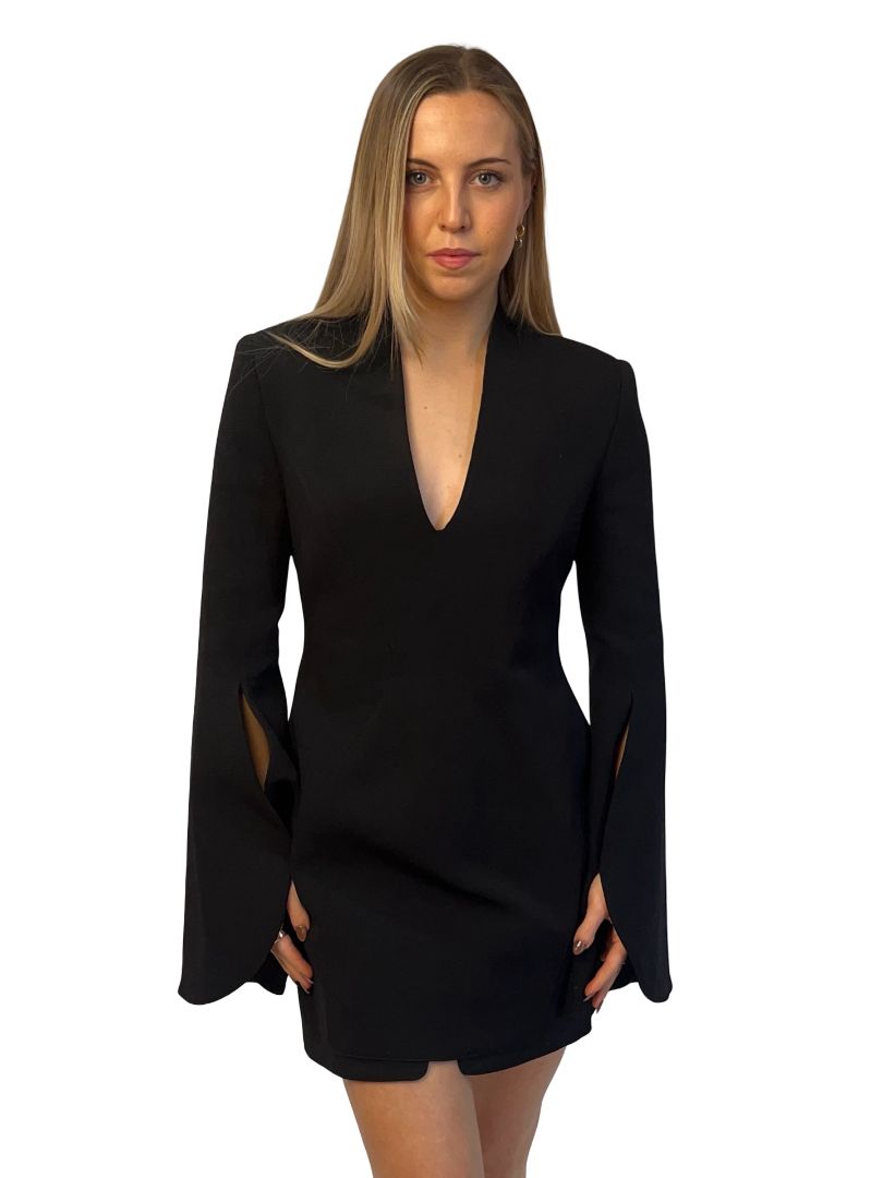 Camilla & Marc Black Flared Sleeve V Neck Mini Dress. Size: M-L
