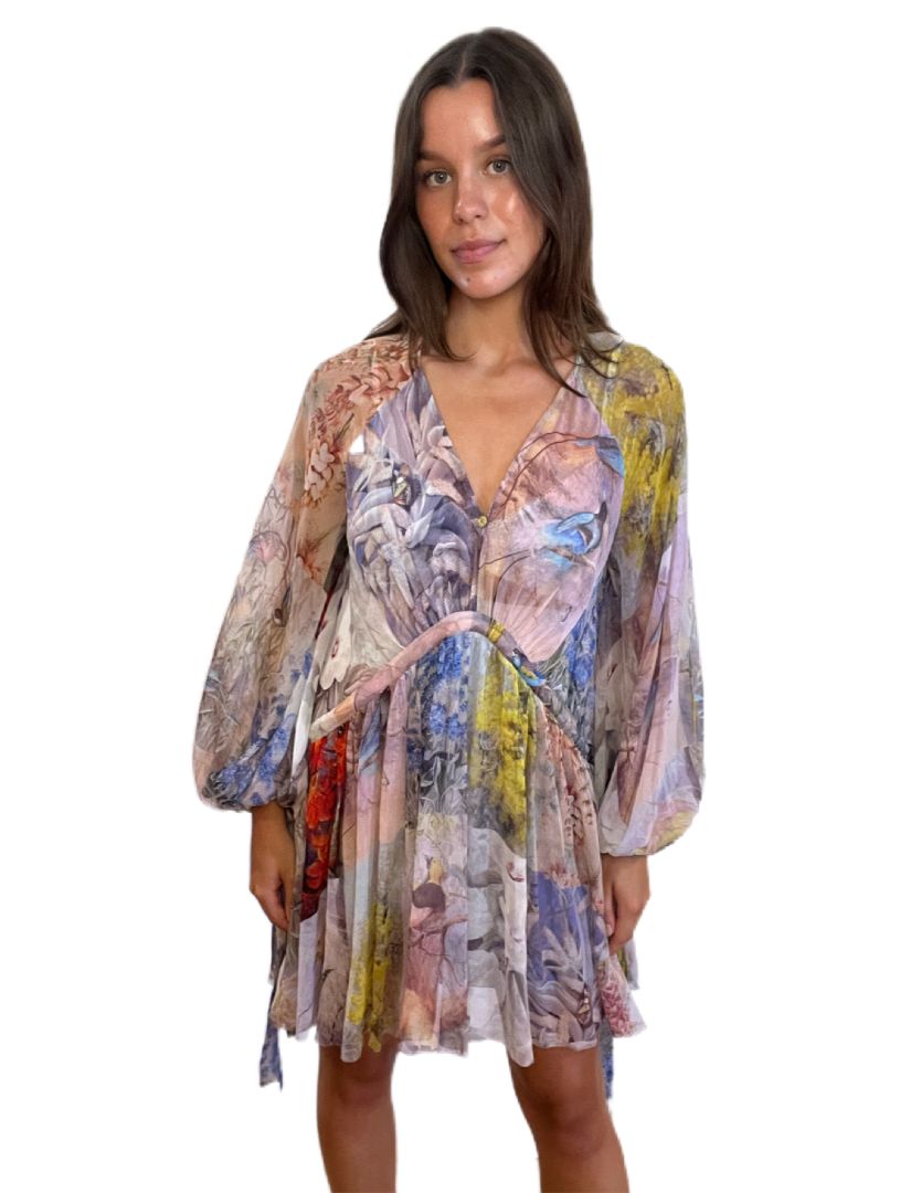 Zimmermann Multicoloured Long Sleeve V-Neck Dress. Size: 1