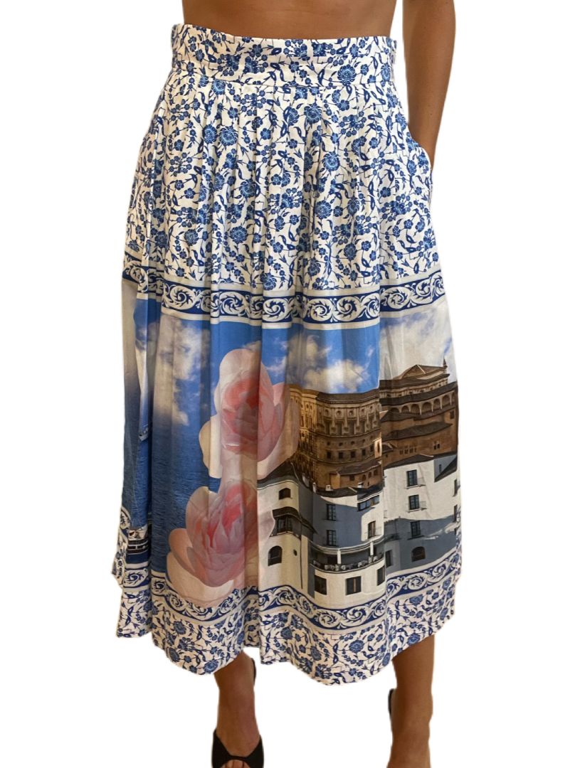 Weekend MaxMara Pink & Blue Midi-Length Print Skirt. Size: 10
