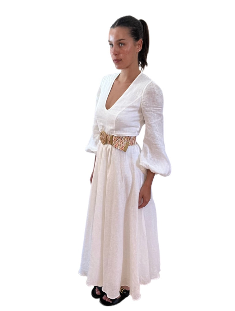 Zimmermann White w/ Multicolour Maxi Longsleeve Dress w/ Woven Belt. Size: 1