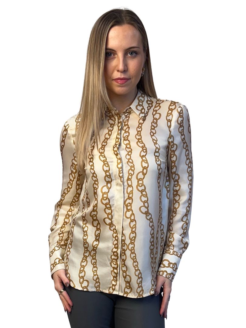 Perri Cutten Cream Silk Chainlink Print Shirt. Size: 8