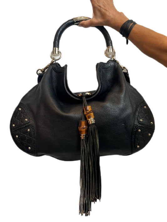 Gucci Black Bamboo Indy Hobo Leather Bag. Size: Large