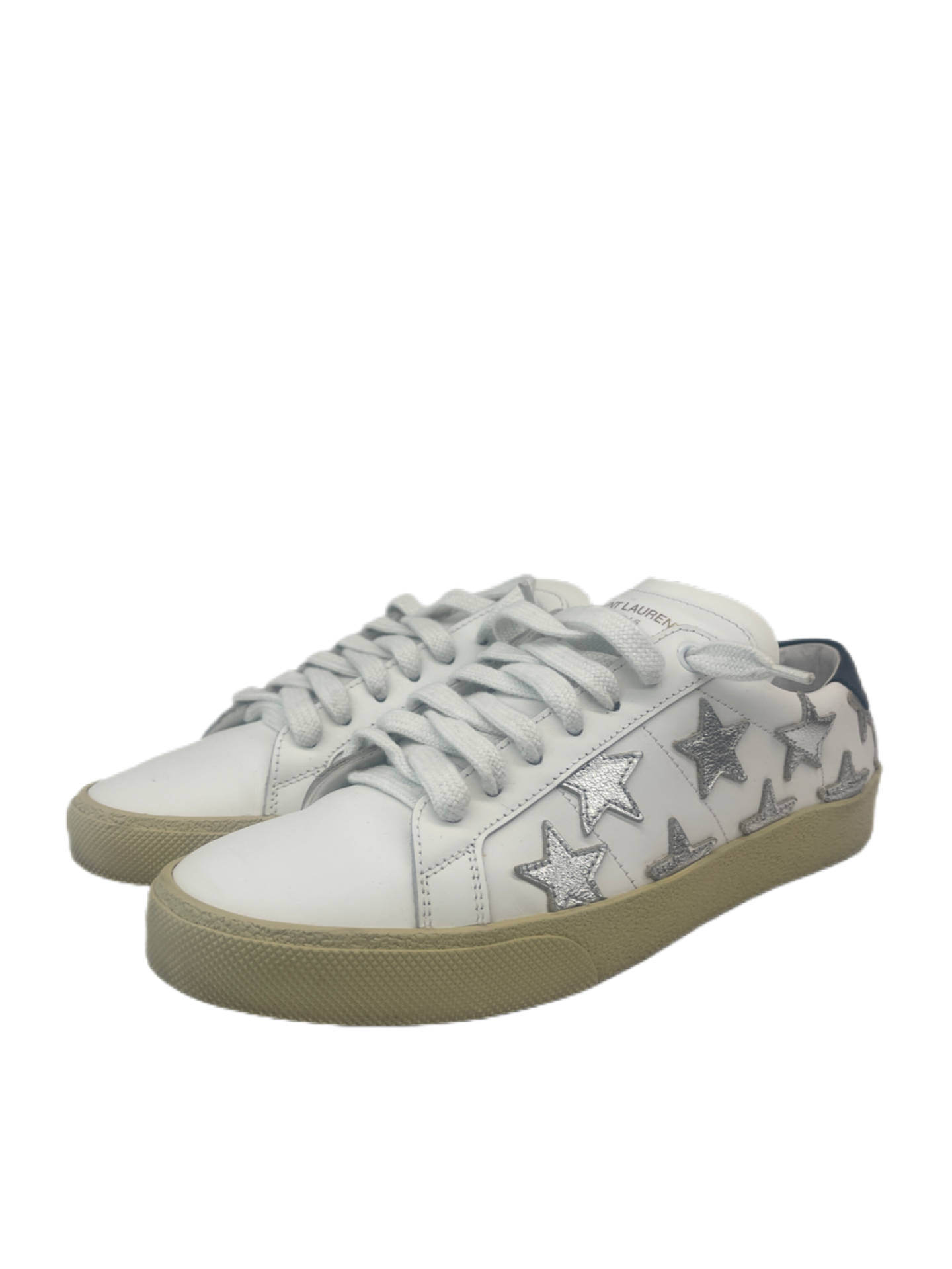 Saint Laurent White & Silver Lace Up Sneakers with Star Leather Applique. Size: 39