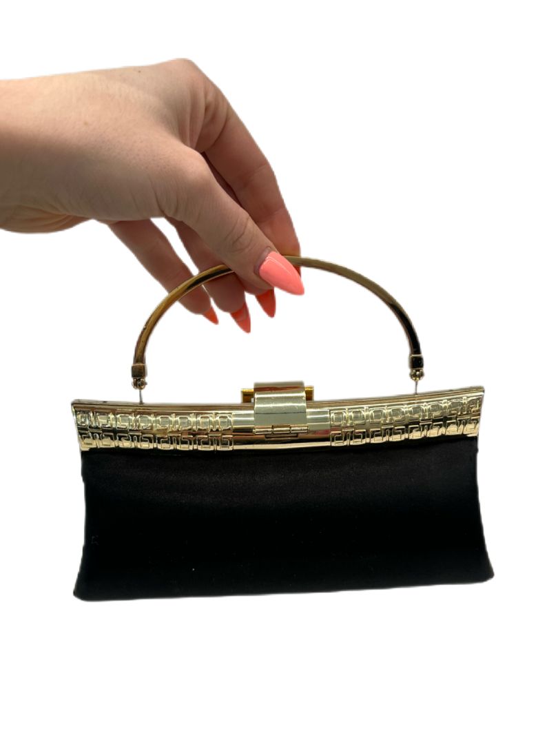 Black Satin Clutch Bag w Gold Hardware & Diamantes.