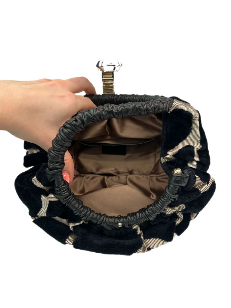 Giorgio Armani Dark Navy/ Beige Velvet Clutch Bag w Black Stone Clasp. Size:
