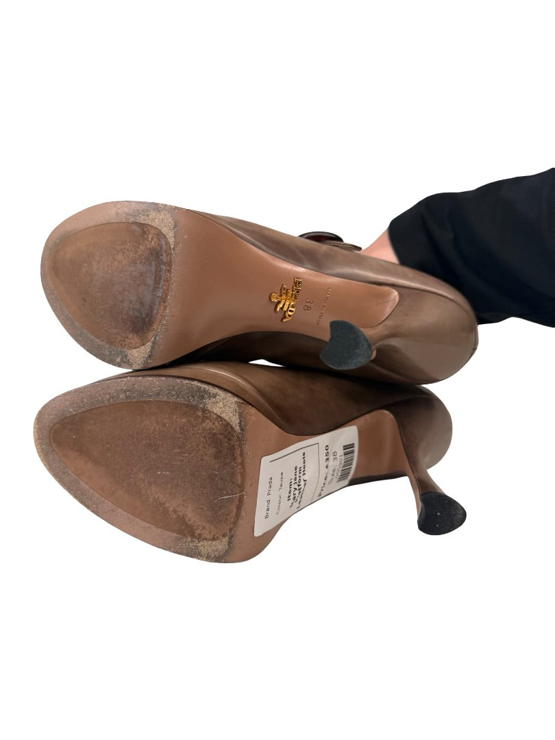 Prada Taupe Mary Jane Platform Leather Heels. Size: 38