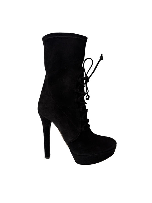 Miu Miu Black Lace Up Suede Platform Heeled Boots. Size: 38.5