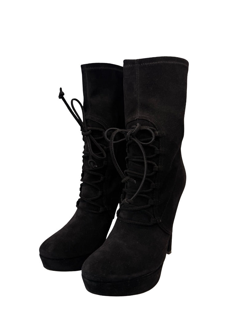 Miu Miu Black Lace Up Suede Platform Heeled Boots. Size: 38.5