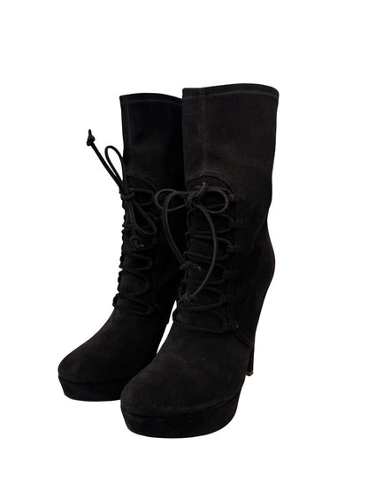 Miu Miu Black Lace Up Suede Platform Heeled Boots. Size: 38.5