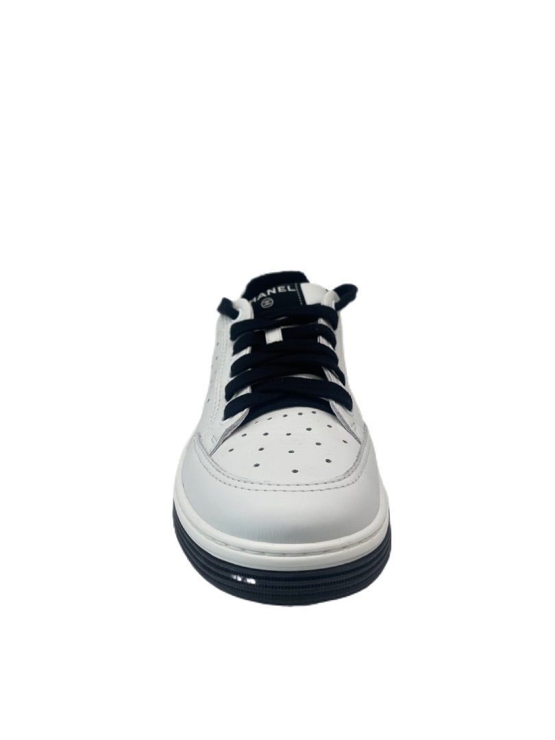 Chanel White & Black Leather Trainers with Embroidered Text Logo. Size: 40