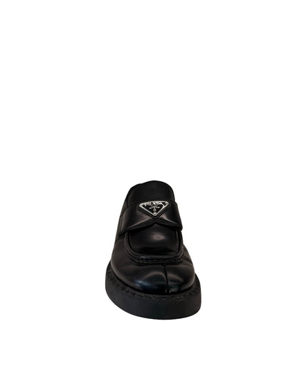 Prada Black Brushed Leather Triangle Logo Loafers. Size: 39