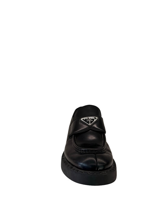 Prada Black Brushed Leather Triangle Logo Loafers. Size: 39