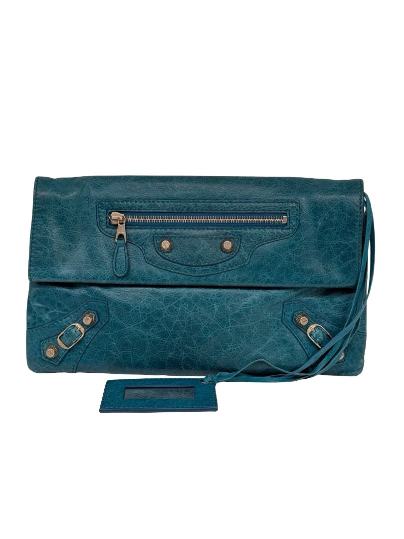 Balenciaga Teal Classic Envelope Clutch.