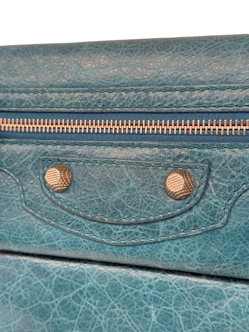 Balenciaga Teal Classic Envelope Clutch.