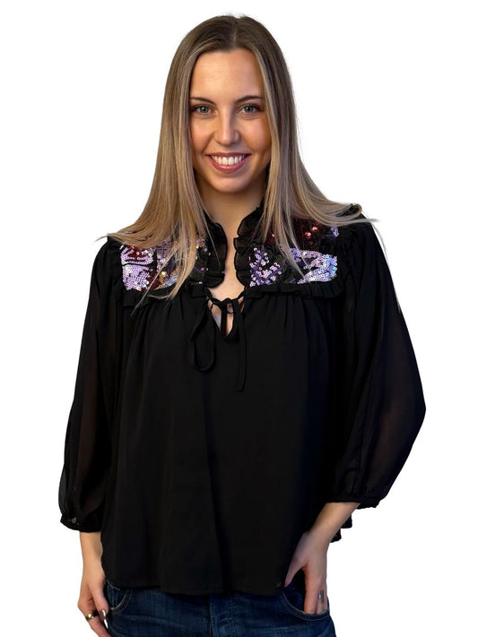 Sabina Musayev Black Sequin Embellished Blouse. Size: S