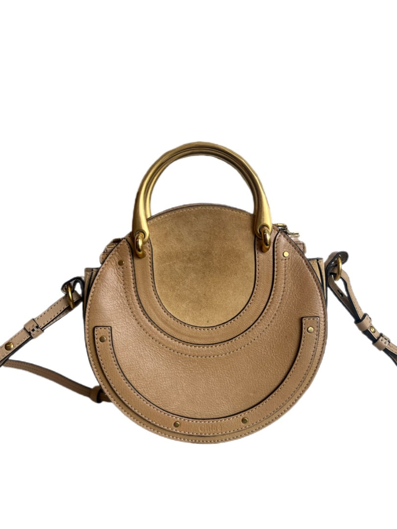Chloe Beige Round Leather & Suede Gold Handles Cross Body Bag.