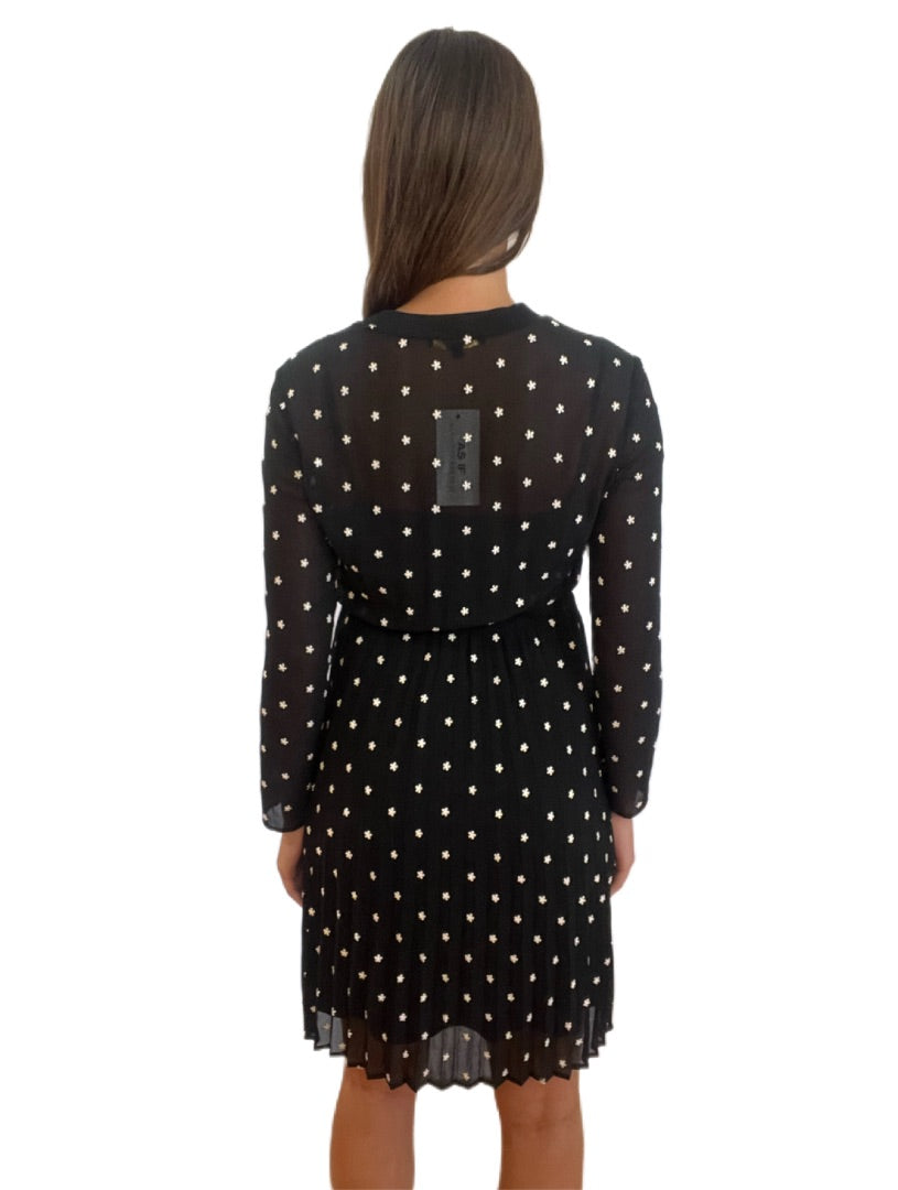 Maje Black Daisy Long Sleeve Pleated Skirt Midi Dress w Slip. Size: 2