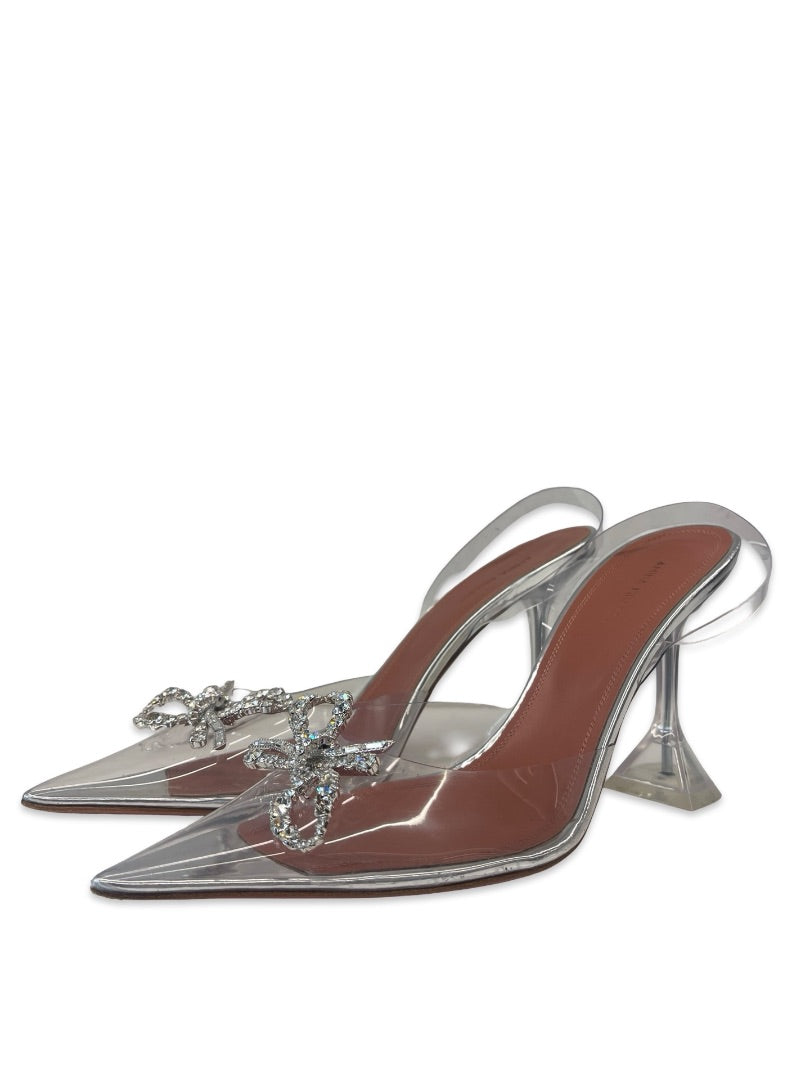 Amina Muaddi 'Rose' Glass/Silver Slingback Pumps. Size: 41