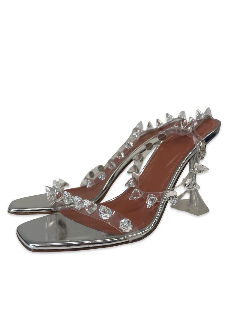 Amina Muaddi Silver Sandal Heels. Size: 41