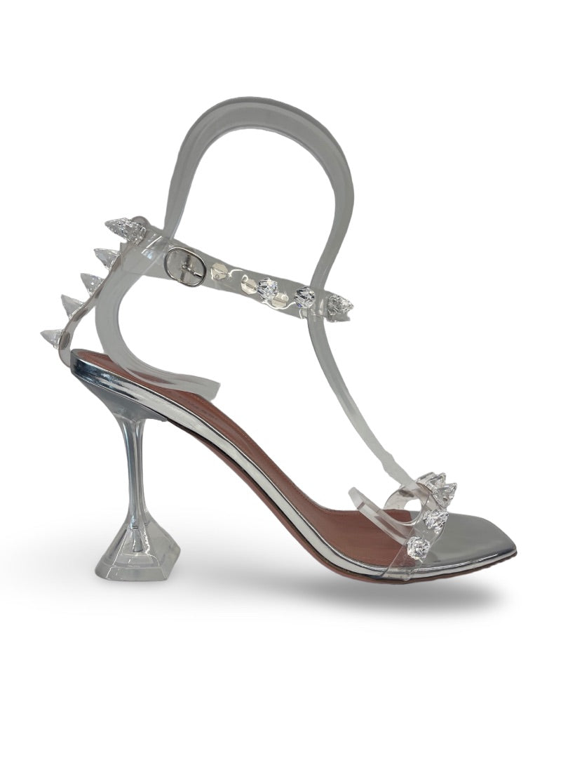 Amina Muaddi Silver Sandal Heels. Size: 41
