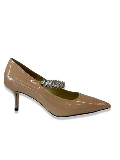 Jimmy Choo Nude Patent Heels w/ Embellished Strap. Size: 38