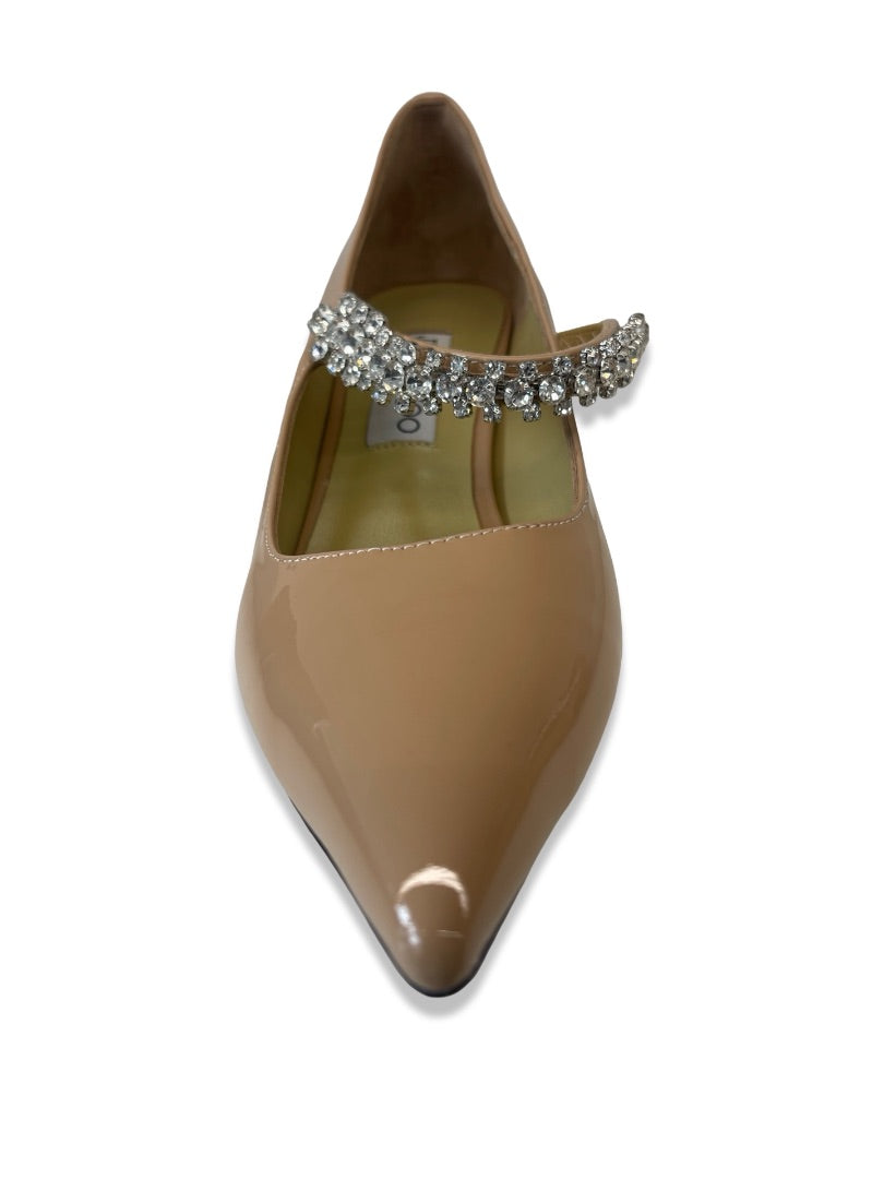 Jimmy Choo Nude Patent Heels w/ Embellished Strap. Size: 38