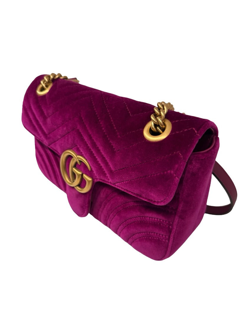 Gucci Purple Velvet GG Marmont Handbag.