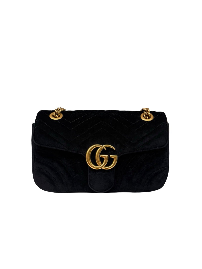 Gucci Black Velvet GG Marmont Handbag.