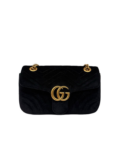 Gucci Black Velvet GG Marmont Handbag.