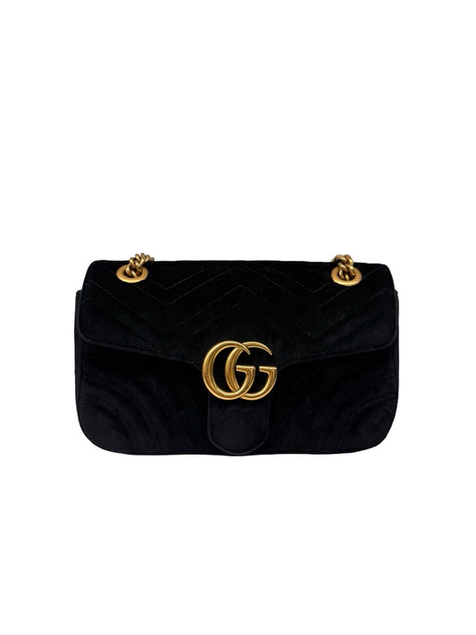 Gucci Black Velvet GG Marmont Handbag.