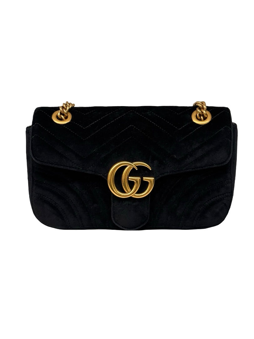 Gucci Black Velvet GG Marmont Handbag.