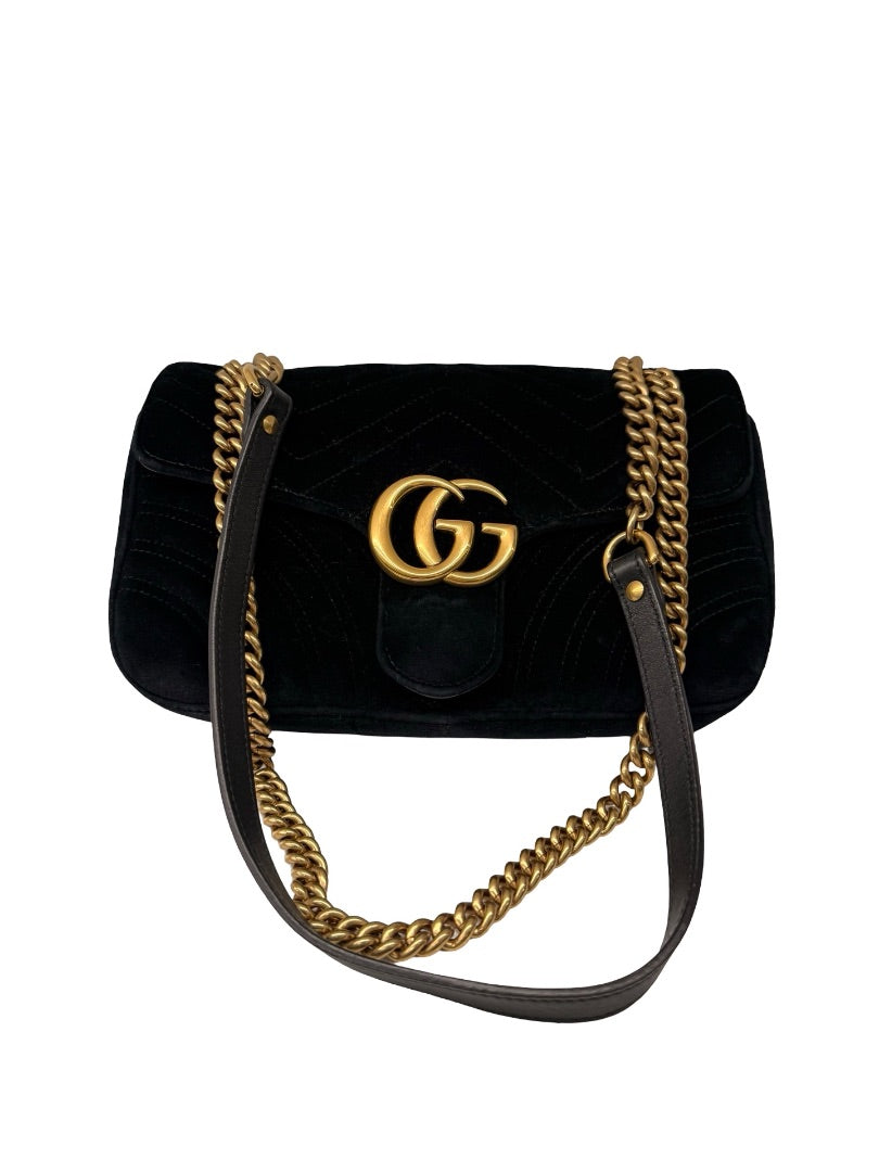 Gucci Black Velvet GG Marmont Handbag.