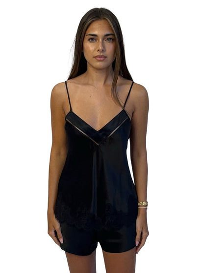 Simone Perele Black Satin Lace Cami / Short Set. Size: 10-14
