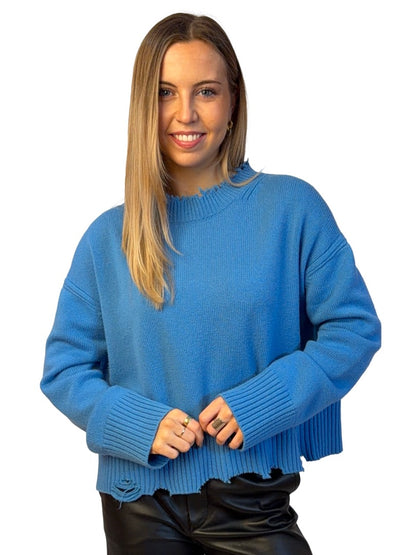 Helmut Lang Blue Wool Cropped Knit Distressed Sweater. Size: M
