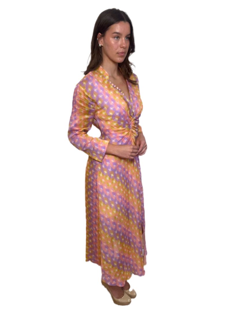 Sandro Orange, Purple and Yellow Long Dress with Long Sleeves and Front Split. Size: 38