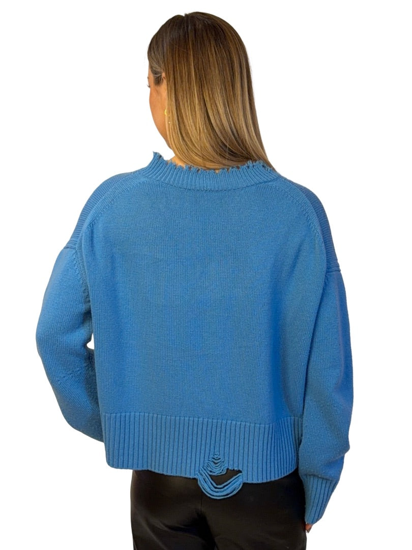 Helmut Lang Blue Wool Cropped Knit Distressed Sweater. Size: M
