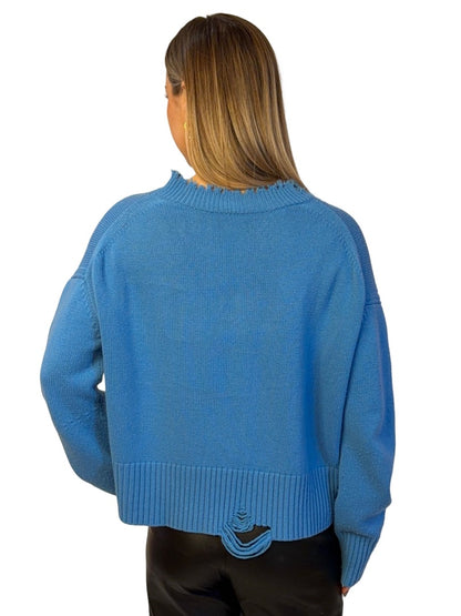 Helmut Lang Blue Wool Cropped Knit Distressed Sweater. Size: M